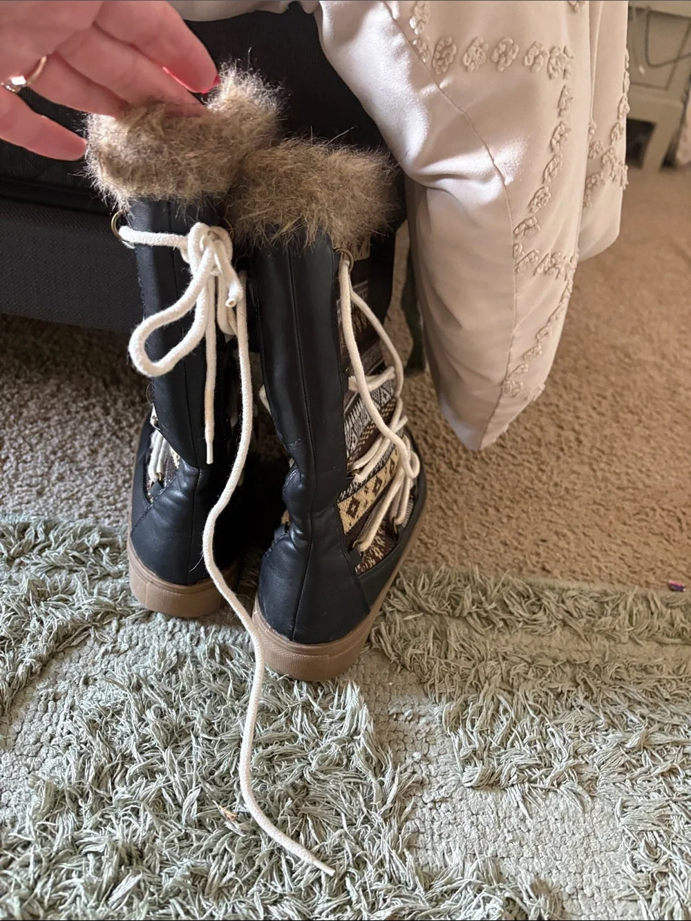 JustFab Brown Patterned Faux-Fur Trim Lace-Up Winter Boots
